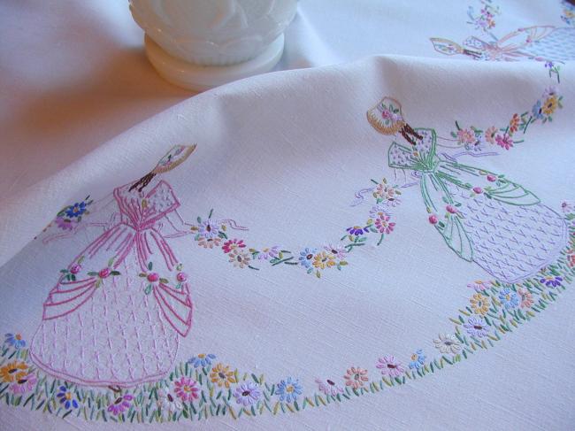 Breathtaking tablecloth with hand-embroidered crinoline ladies