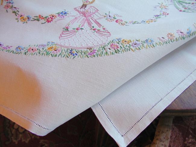 Breathtaking tablecloth with hand-embroidered crinoline ladies