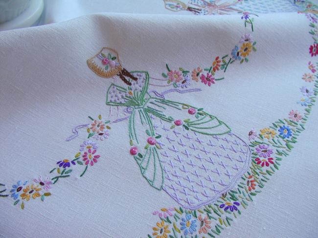 Breathtaking tablecloth with hand-embroidered crinoline ladies