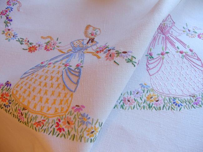 Breathtaking tablecloth with hand-embroidered crinoline ladies