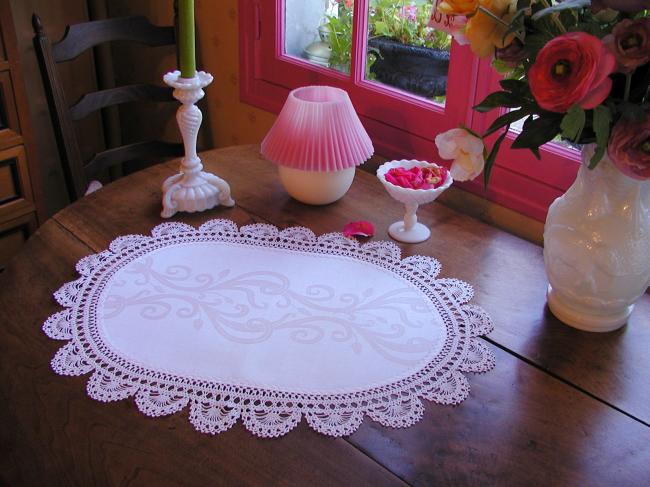 Charming oval  damask table centre with hand-made crochet lace