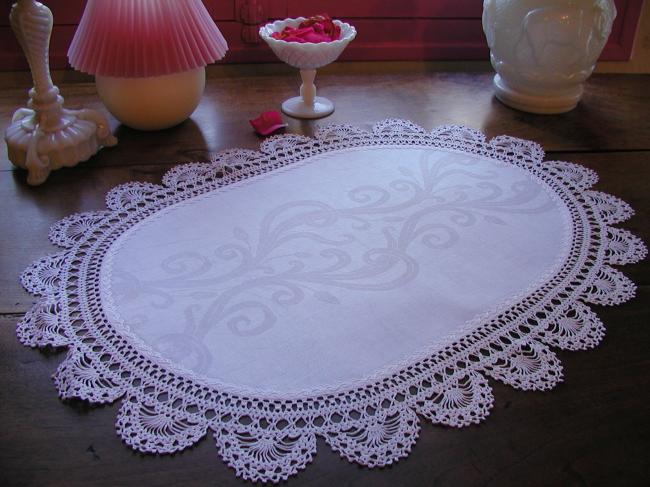 Charming oval  damask table centre with hand-made crochet lace