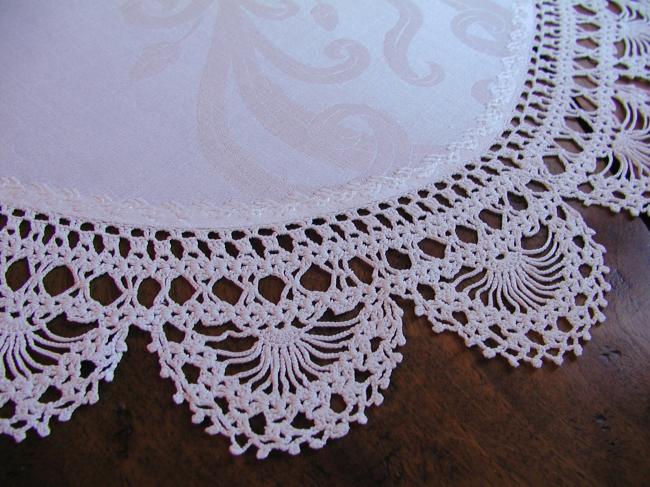 Charming oval  damask table centre with hand-made crochet lace