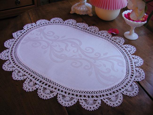 Charming oval  damask table centre with hand-made crochet lace