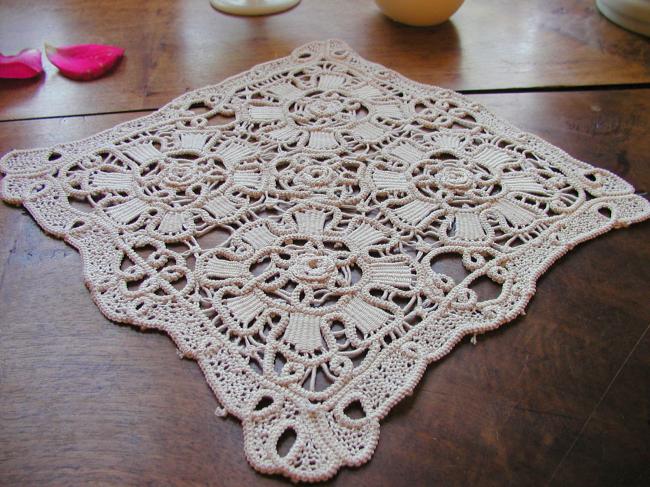 Sweet hand made Art crochet lace doily in cream color 1900