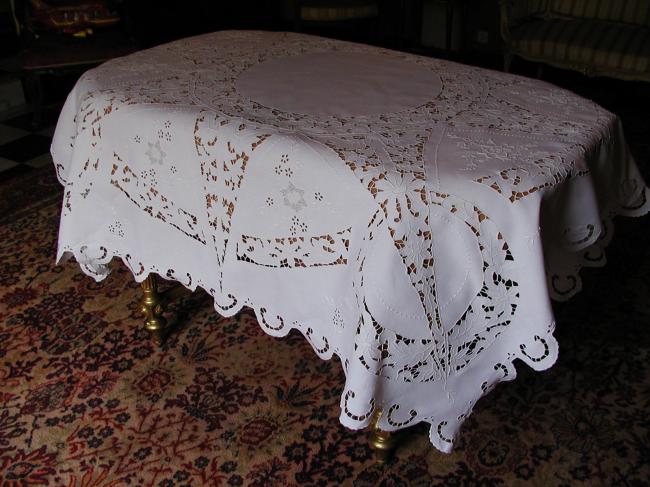 Wonderful and rich Richelieu embroidered tablecloth 1910