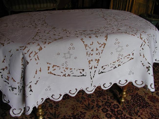 Wonderful and rich Richelieu embroidered tablecloth 1910