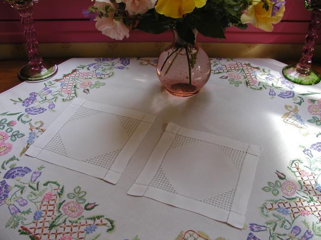 Lovely pair of squared doilies with lovely drawn thread works 1900