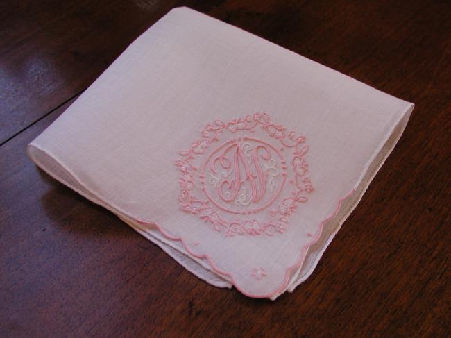 Gorgeous handkerchief with a large hand made embroidered monogramm N