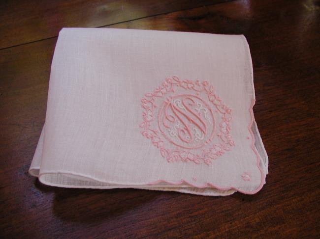 Gorgeous handkerchief with a large hand made embroidered monogramm N