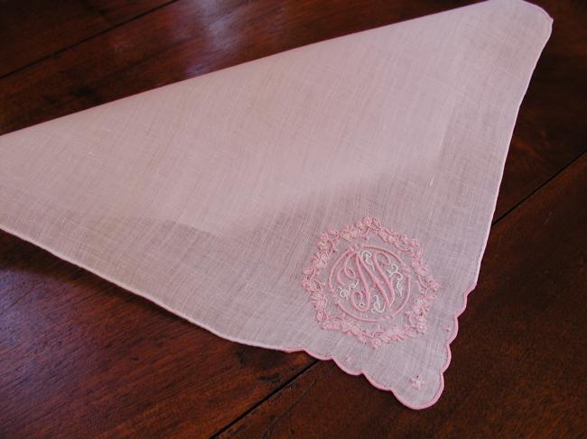 Gorgeous handkerchief with a large hand made embroidered monogramm N