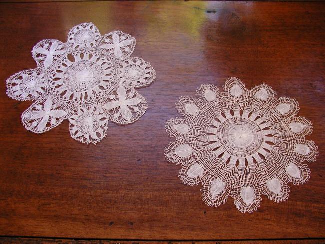 Two stunning small round Nanduti and Tenerife needle work doilies