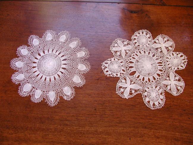 Two stunning small round Nanduti and Tenerife needle work doilies