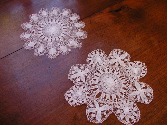 Two stunning small round Nanduti and Tenerife needle work doilies