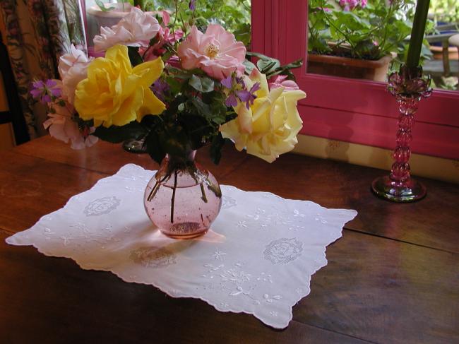 Marvellous tray cloth with small drawn thread works and embroidered flowers 1910