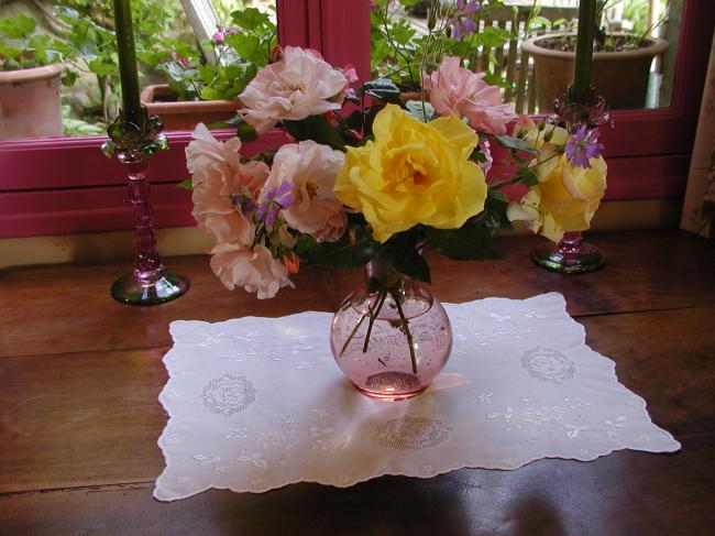 Marvellous tray cloth with small drawn thread works and embroidered flowers 1910