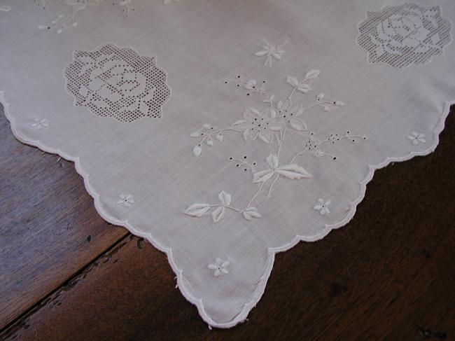 Marvellous tray cloth with small drawn thread works and embroidered flowers 1910