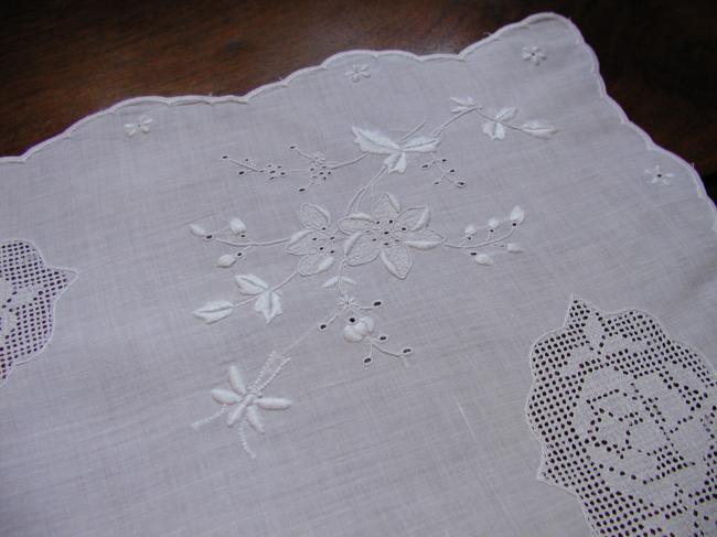 Marvellous tray cloth with small drawn thread works and embroidered flowers 1910