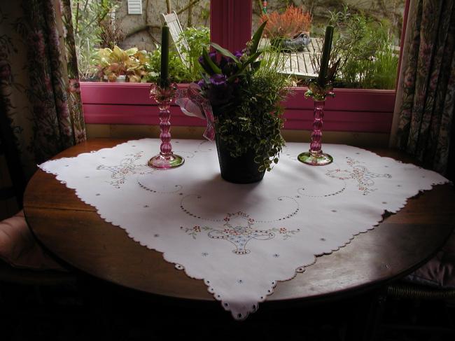 Adorable Madeira tablecloth with embroidered colourful basket of flowers