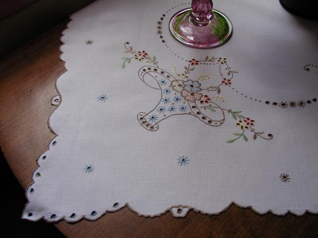 Adorable Madeira tablecloth with embroidered colourful basket of flowers