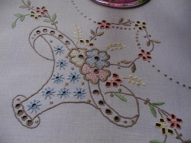 Adorable Madeira tablecloth with embroidered colourful basket of flowers