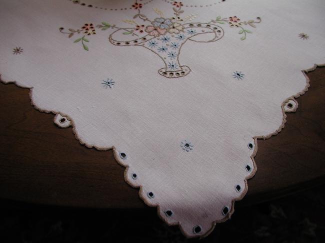 Adorable Madeira tablecloth with embroidered colourful basket of flowers