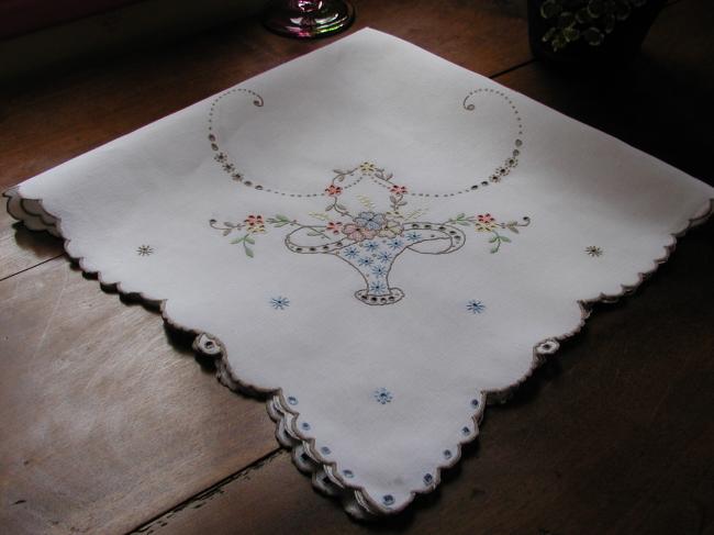 Adorable Madeira tablecloth with embroidered colourful basket of flowers