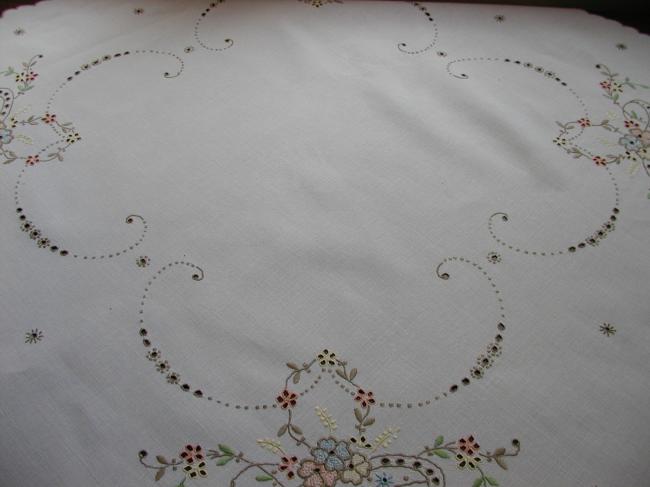 Adorable Madeira tablecloth with embroidered colourful basket of flowers