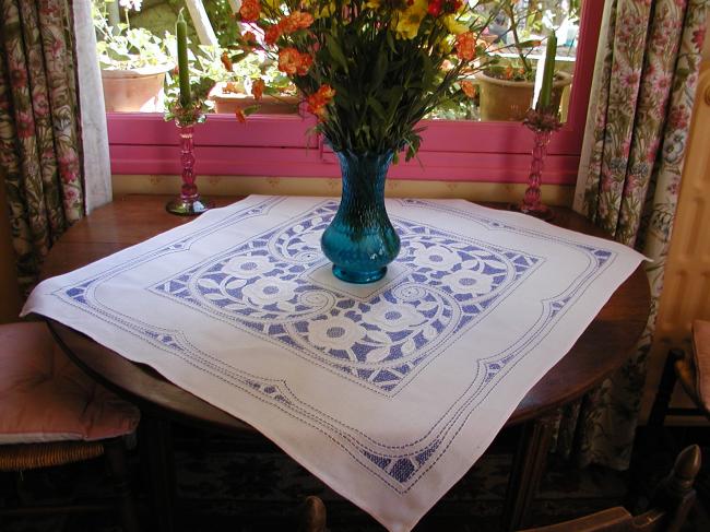 So lovely blue and white hand embroidered flowers tablecloth