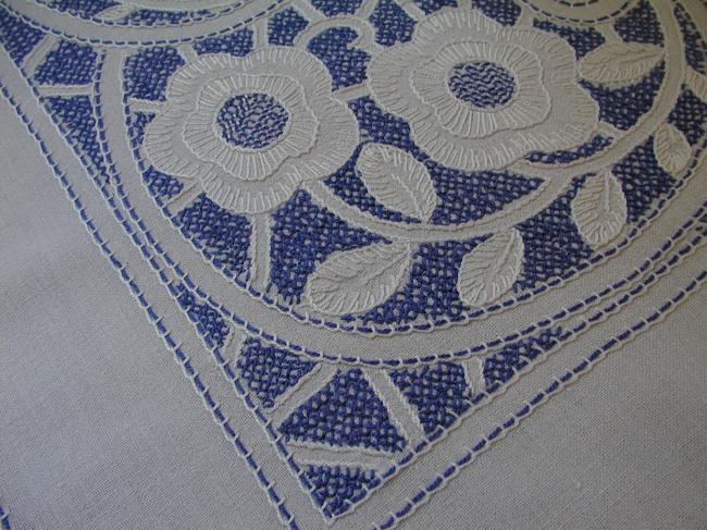 So lovely blue and white hand embroidered flowers tablecloth