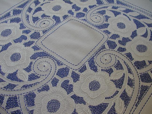 So lovely blue and white hand embroidered flowers tablecloth