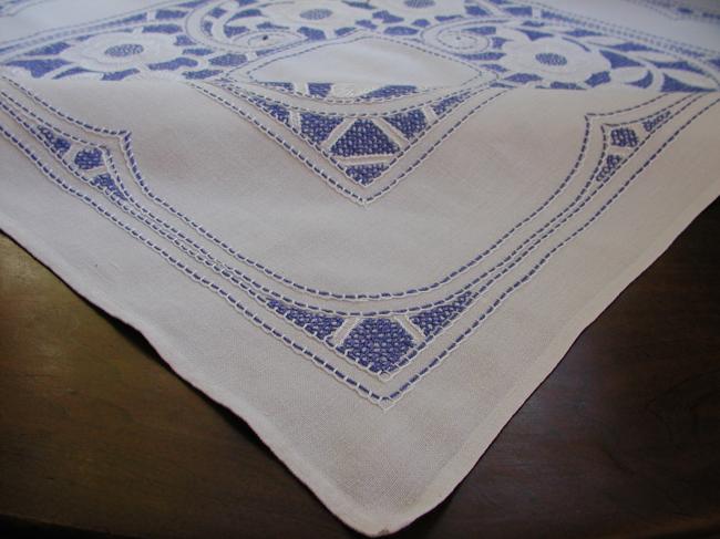 So lovely blue and white hand embroidered flowers tablecloth