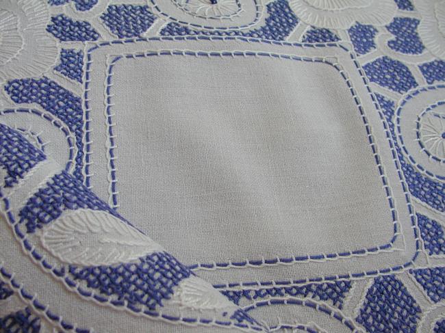 So lovely blue and white hand embroidered flowers tablecloth