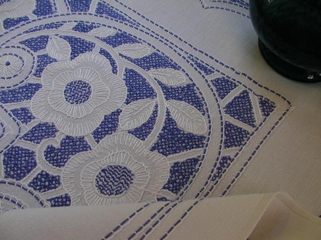 So lovely blue and white hand embroidered flowers tablecloth