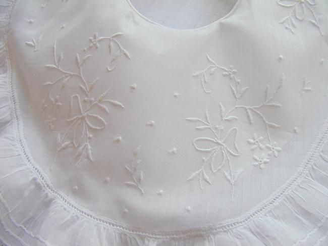 Stunning double bib with hand-embroidered flowers in ribbons & Valenciennes lace