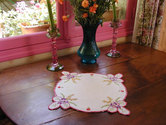 So romantic table centre or doily with embroidered violets and mimosa