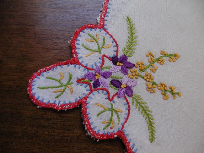 So romantic table centre or doily with embroidered violets and mimosa