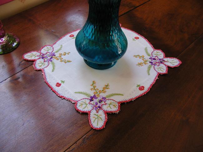 So romantic table centre or doily with embroidered violets and mimosa