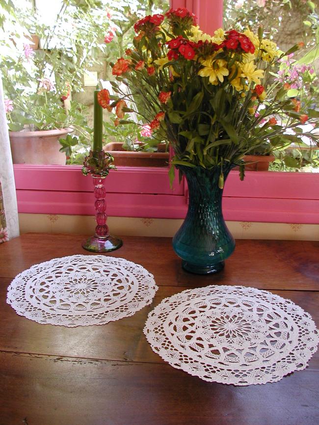 Lovely large pair of bobbin lace round doilies