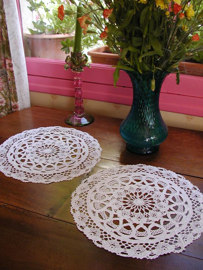 Lovely large pair of bobbin lace round doilies