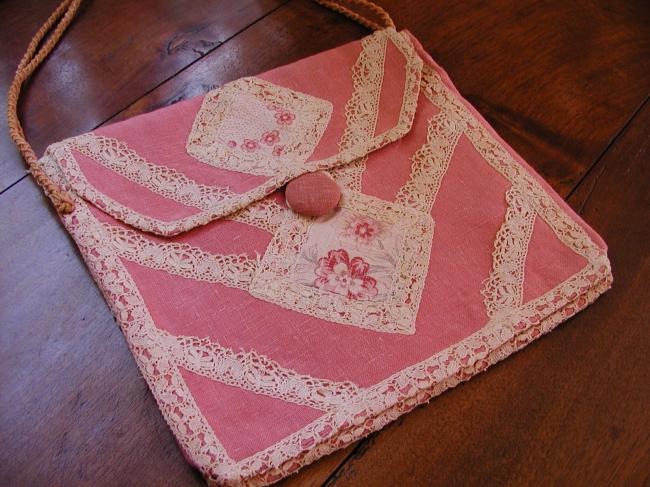 So gorgeous needlework bag with patchworks and Cluny lace