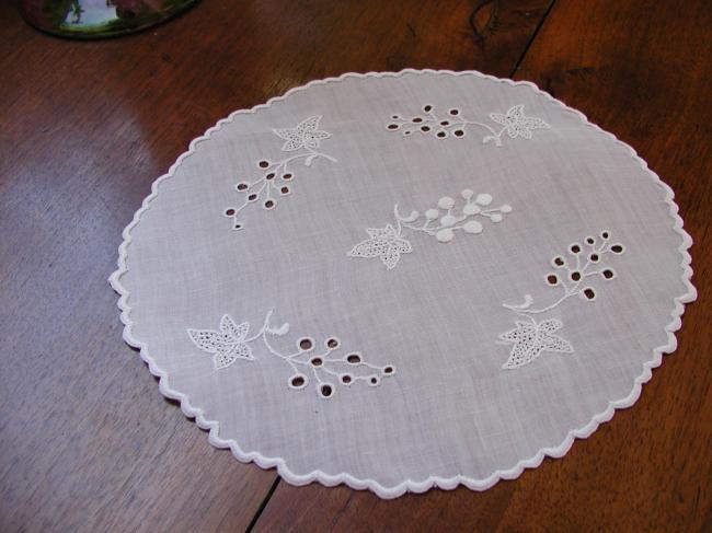 So sweet round doily with hand embroidered vine grapes on linon