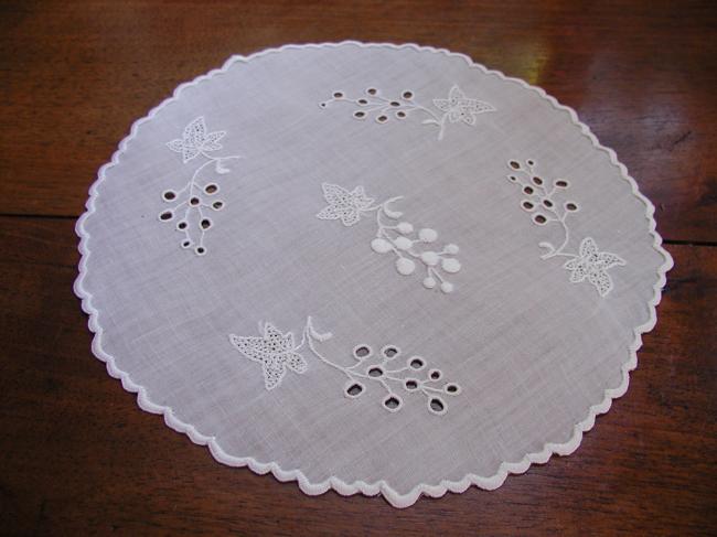 So sweet round doily with hand embroidered vine grapes on linon