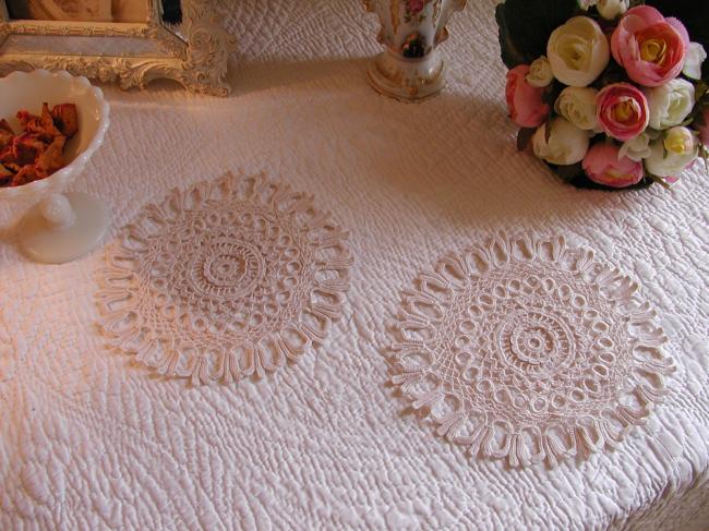 Lovely pair of round doilies in hand-made Irish guipure lace