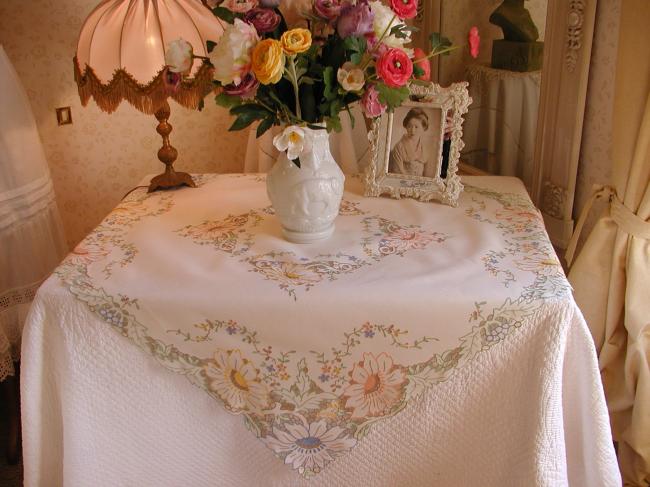 Striking tablecloth in Madeira work, rich color,embroidered dahlia flowers