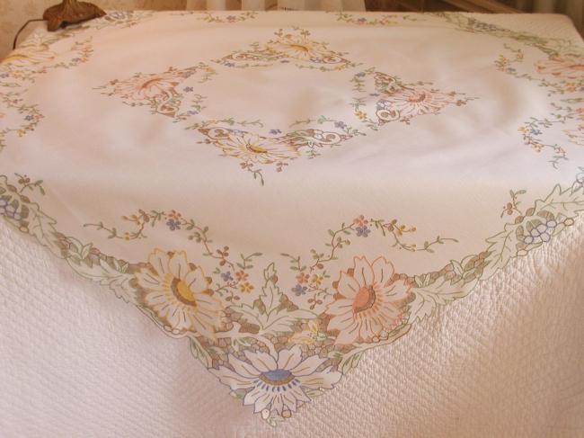 Striking tablecloth in Madeira work, rich color,embroidered dahlia flowers