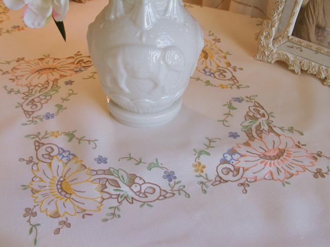 Striking tablecloth in Madeira work, rich color,embroidered dahlia flowers