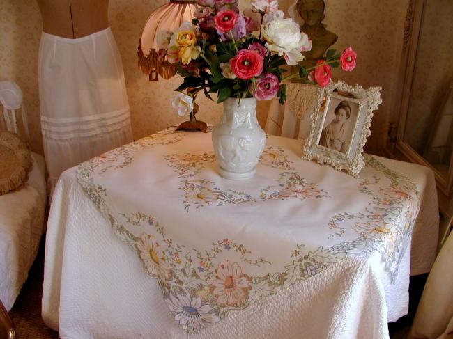 Striking tablecloth in Madeira work, rich color,embroidered dahlia flowers