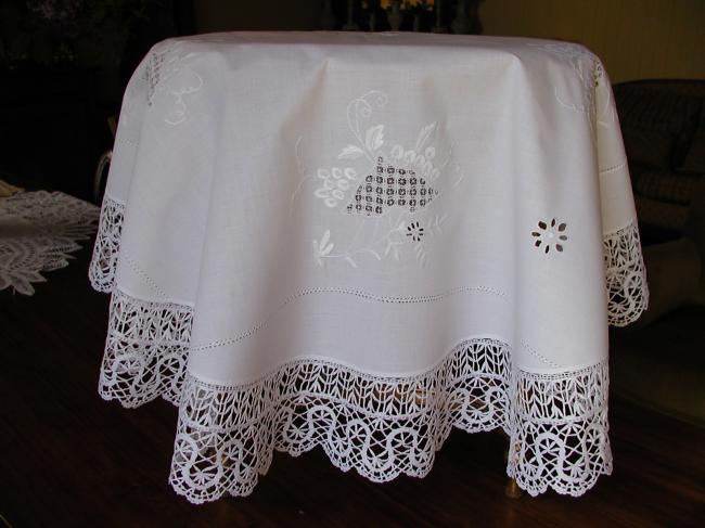 So beautiful tablecloth with drawn thread & white silk works, Cluny lace edging