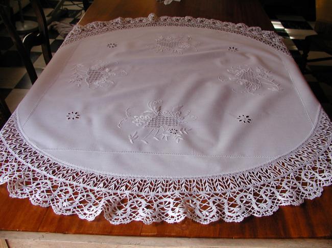 So beautiful tablecloth with drawn thread & white silk works, Cluny lace edging